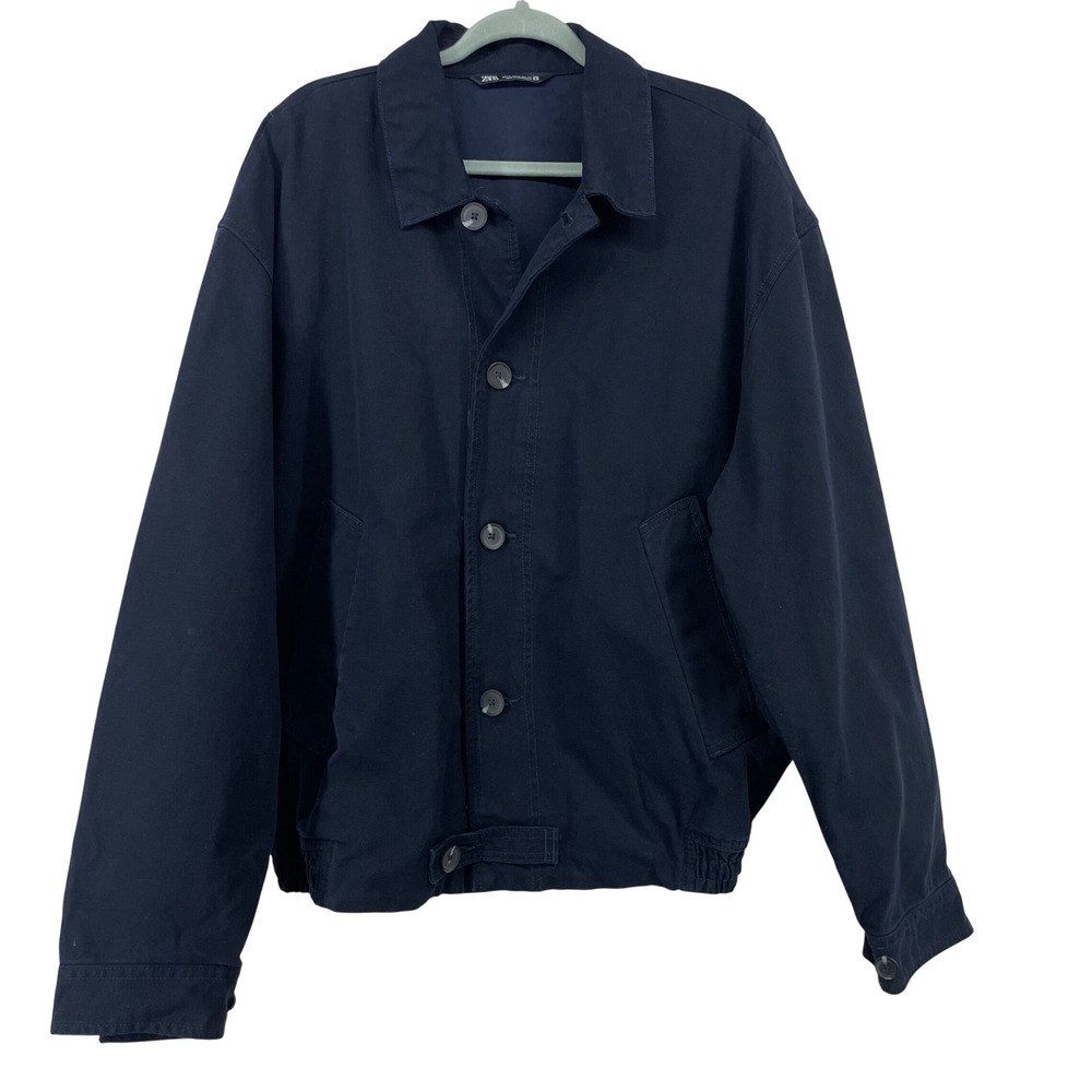 Zara Size XL Harrington Jacket Navy Blue Cotton Canvas Button Front Mens